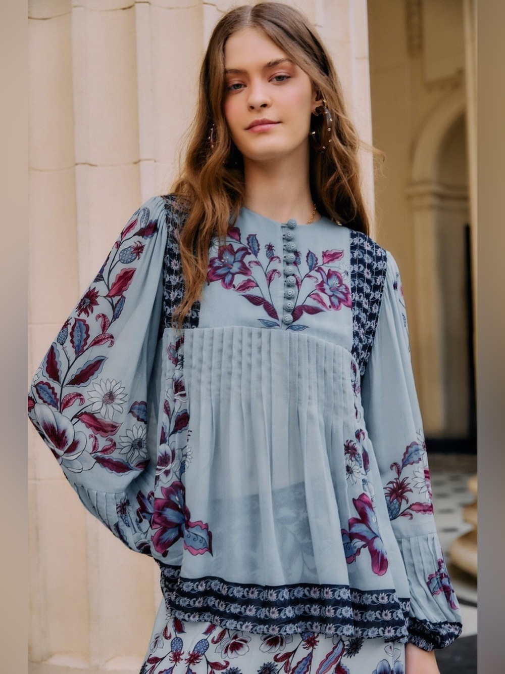Farm Rio: Soft Blue Marcelle Crochet Buttons
Pleated Blouse